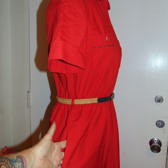 RARE Vintage NOS Sasson Hong Kong Red Cotton A-Line Belted Short Sleeved Dress - Picture 8 of 13